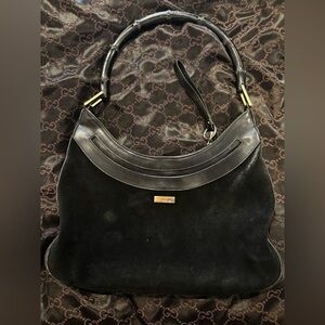 Gucci Black Suede and Leather Bamboo Handle Shoulder Bag - Tom Ford Era